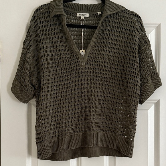 Max Studio Olive Knit Open Weave Top - Picture 1 of 4